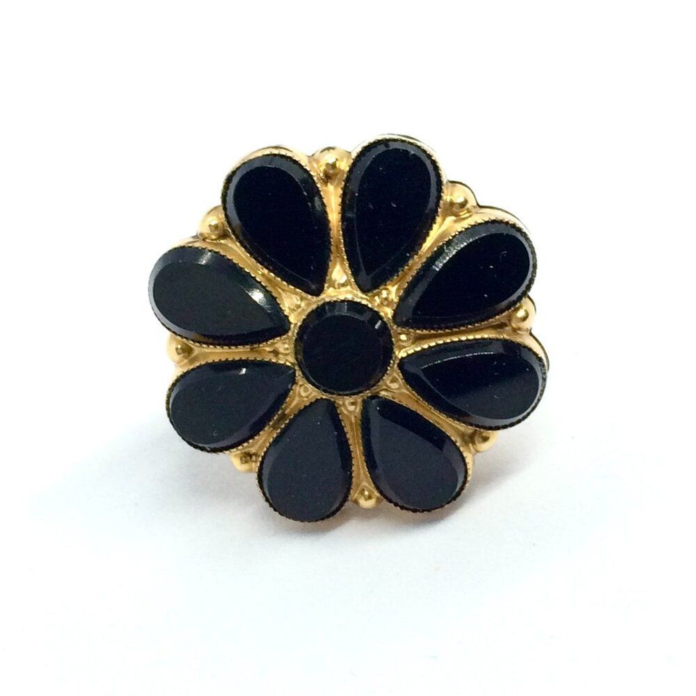 Vintage Flower Ring Black Glass Gold Tone Statement Bold Statement Mod